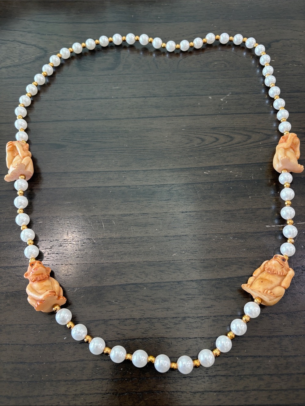 Handcrafted White Pearl Necklace with Carved Tan Bead Accents